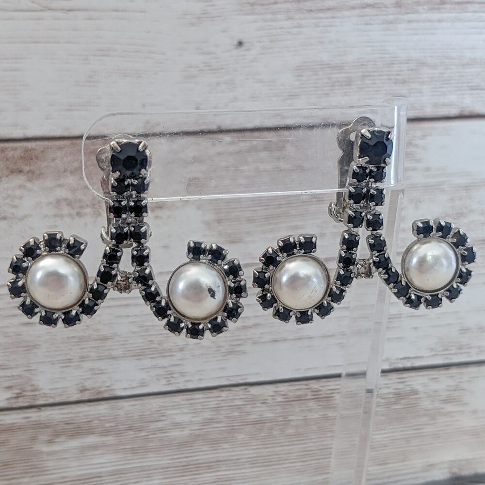Vintage Clip On Earrings - Large & Unusual Black Gem & Faux Pearl